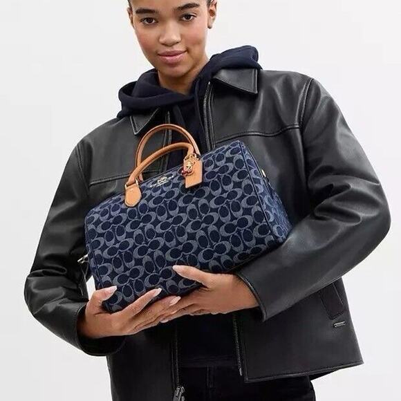 NWT Coach Rowan Large Satchel Bag in Signature Denim Canvas Cherry Charm CY699 - Picture 5 of 14